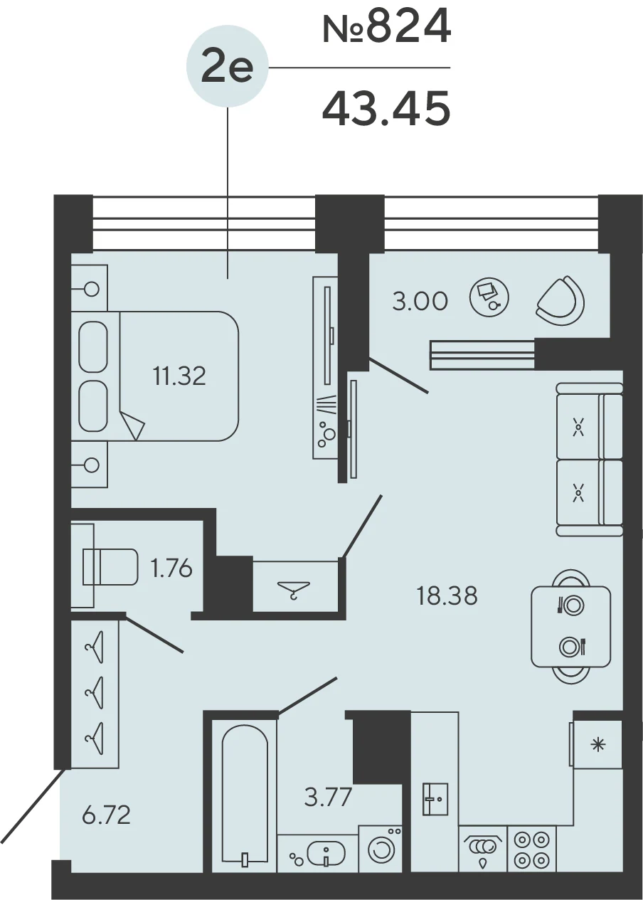 Планировка 1-комнатная 43,5 м² в ЖК «Башни Элемент» — «Башни Элемент»