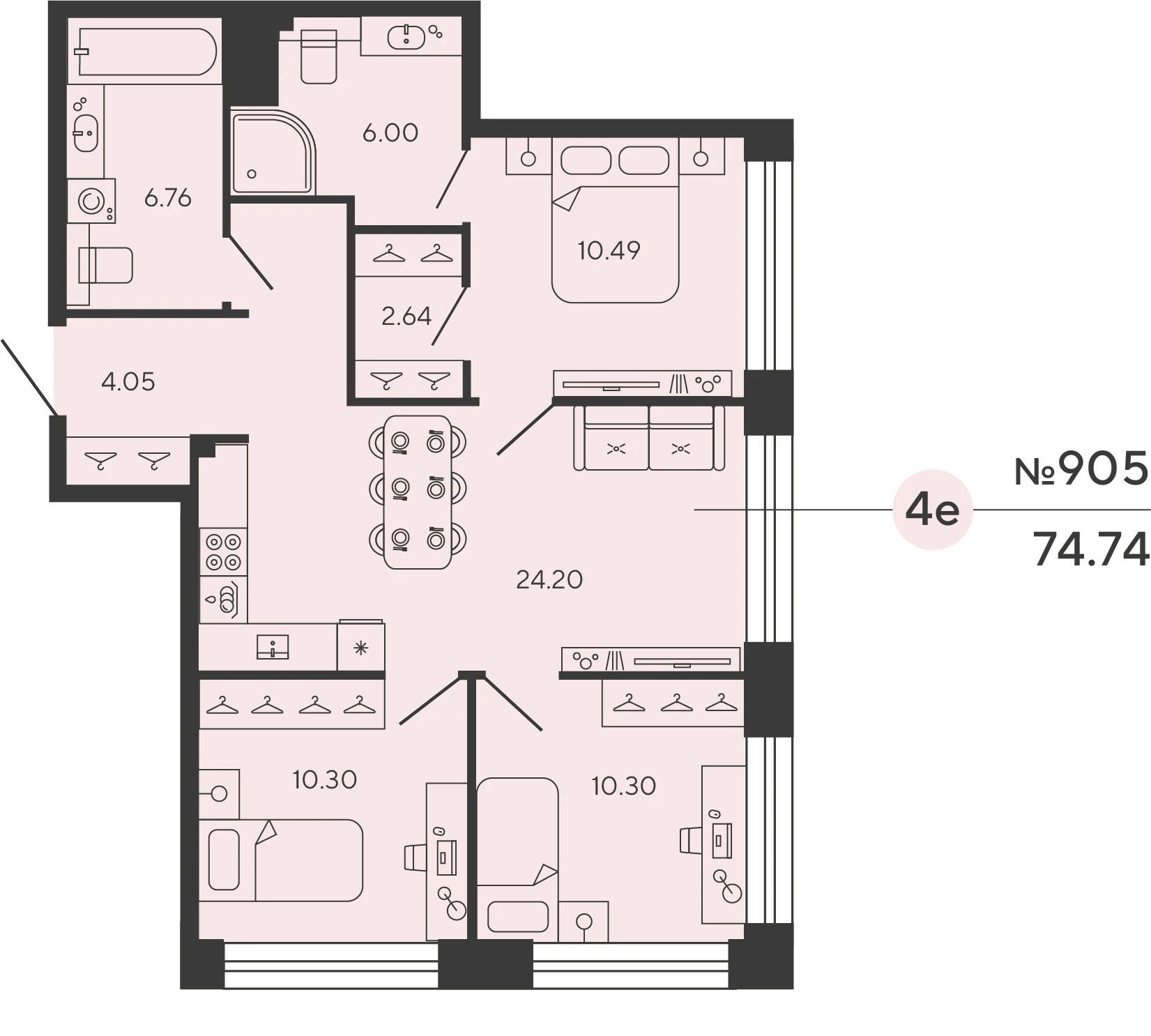Планировка 3-комнатная 74,7 м² в ЖК «Башни Элемент» — «Башни Элемент»