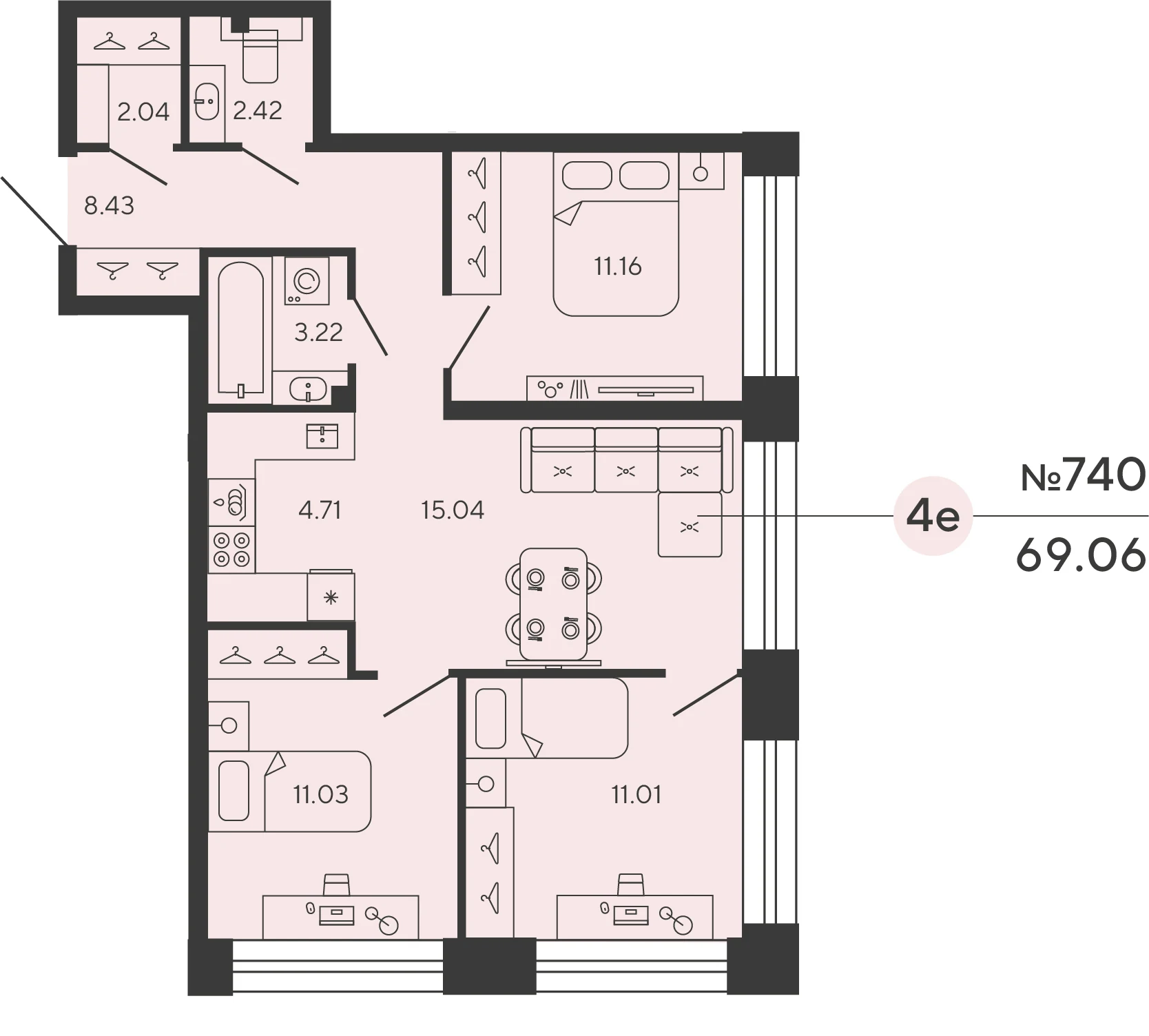 Планировка 3-комнатная 69,1 м² в ЖК «Башни Элемент» — «Башни Элемент»