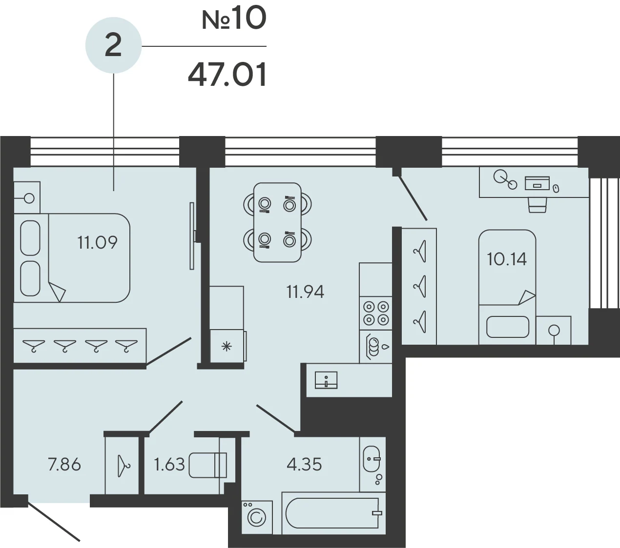 Планировка 2-комнатная 47 м² в ЖК «Башни Элемент» — «Башни Элемент»