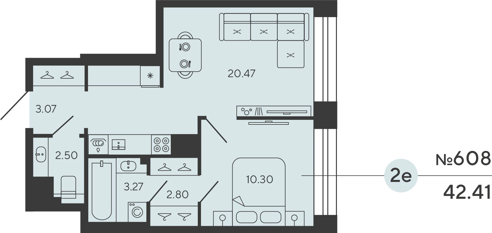 Планировка 1-комнатная 42,4 м² в ЖК «Башни Элемент» — «Башни Элемент»