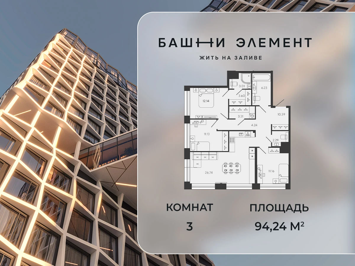 Планировка 3-комнатная 94,2 м² в ЖК «Башни Элемент» — «Башни Элемент»