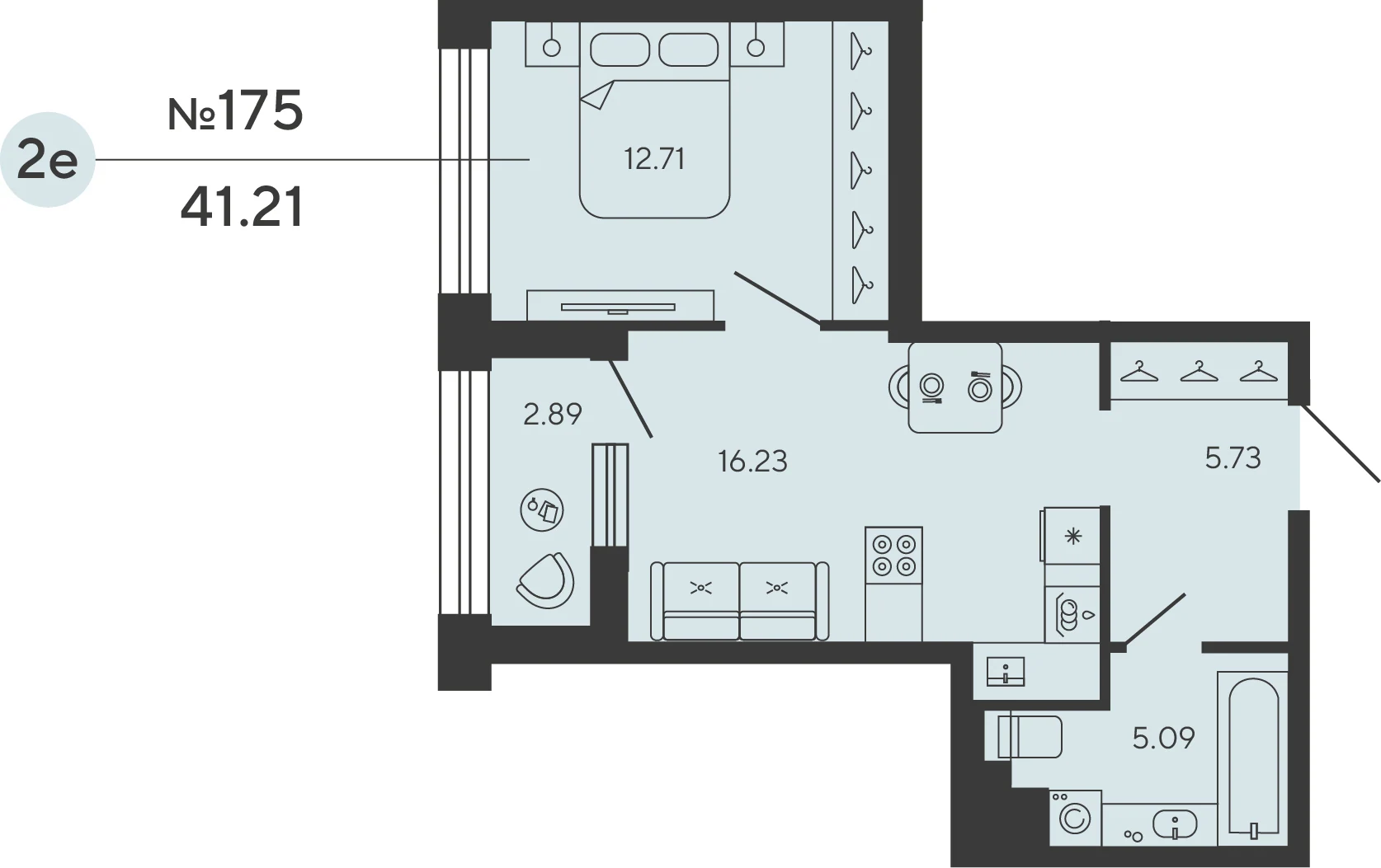 Планировка 1-комнатная 41,2 м² в ЖК «Башни Элемент» — «Башни Элемент»