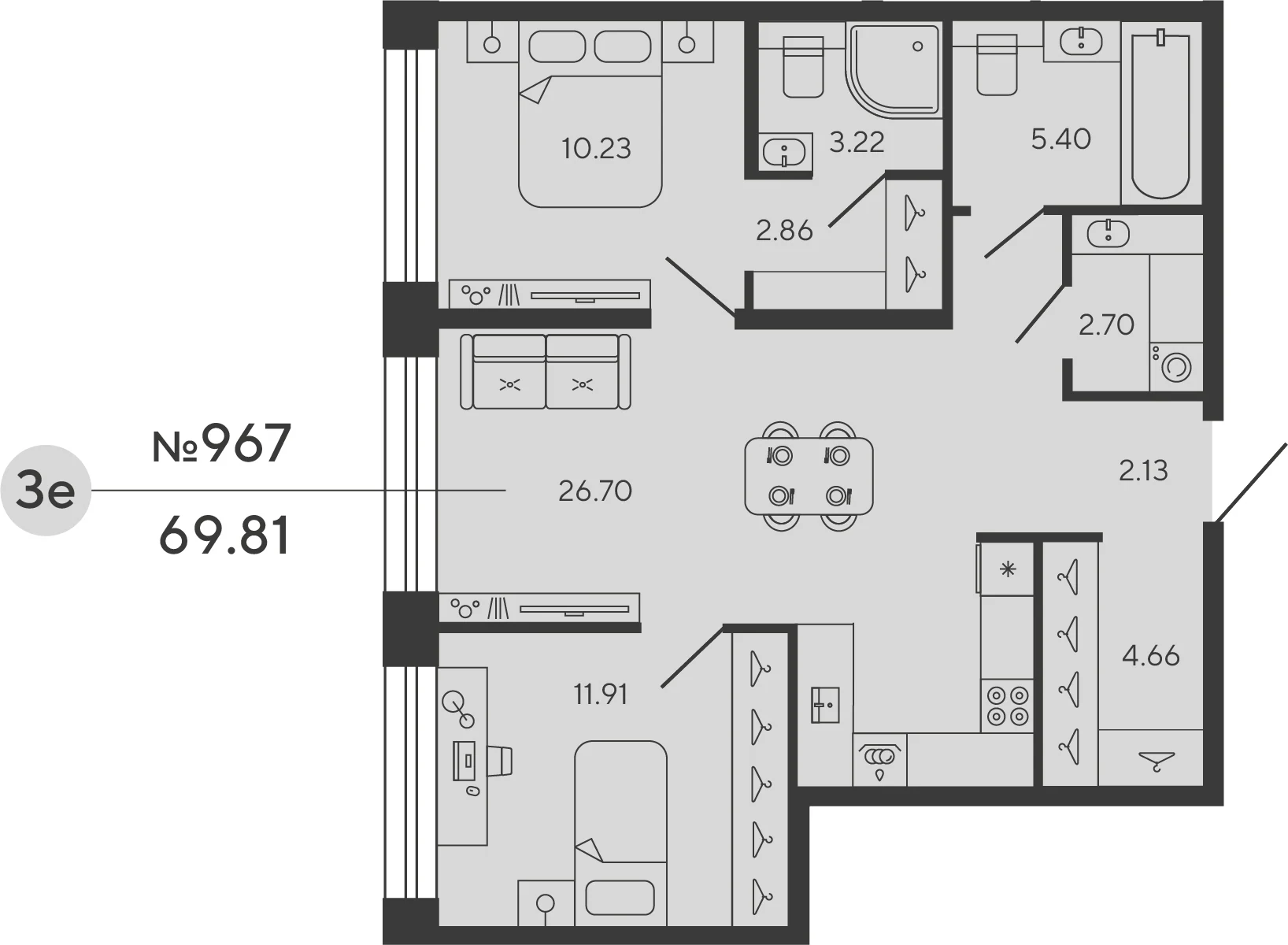 Планировка 2-комнатная 69,8 м² в ЖК «Башни Элемент» — «Башни Элемент»