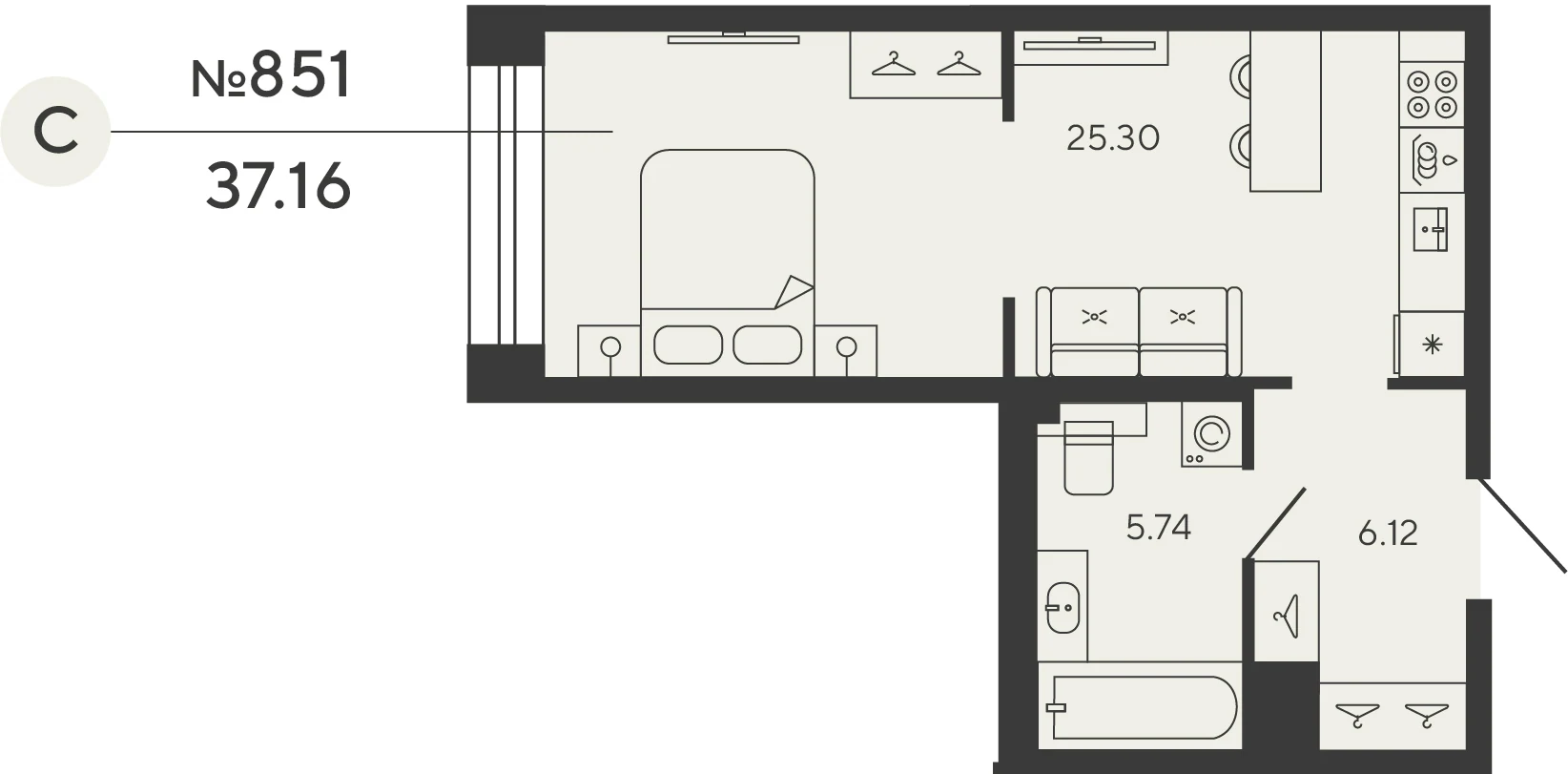 Планировка студия 37,2 м² в ЖК «Башни Элемент» — «Башни Элемент»