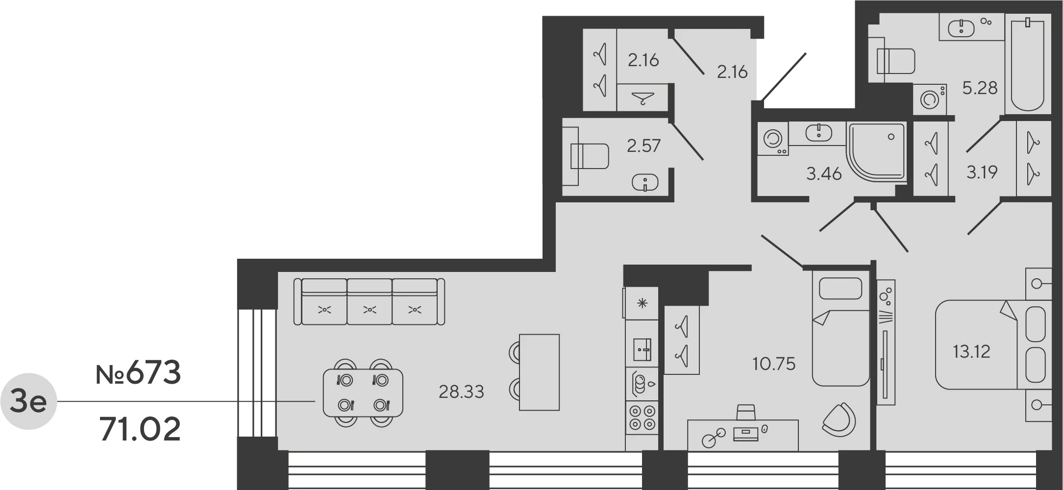 Планировка 2-комнатная 70,9 м² в ЖК «Башни Элемент» — «Башни Элемент»