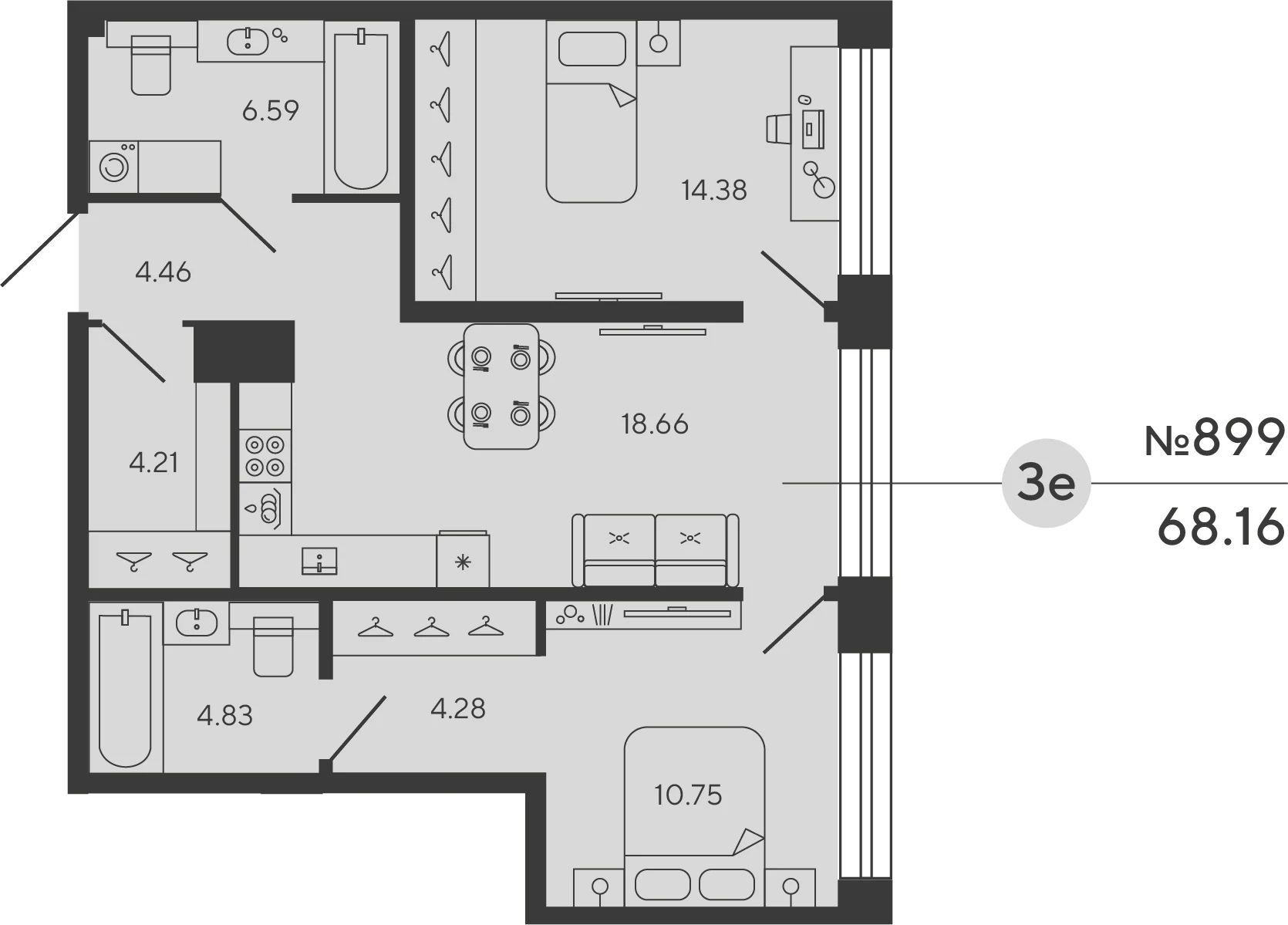 Планировка 2-комнатная 68,2 м² в ЖК «Башни Элемент» — «Башни Элемент»