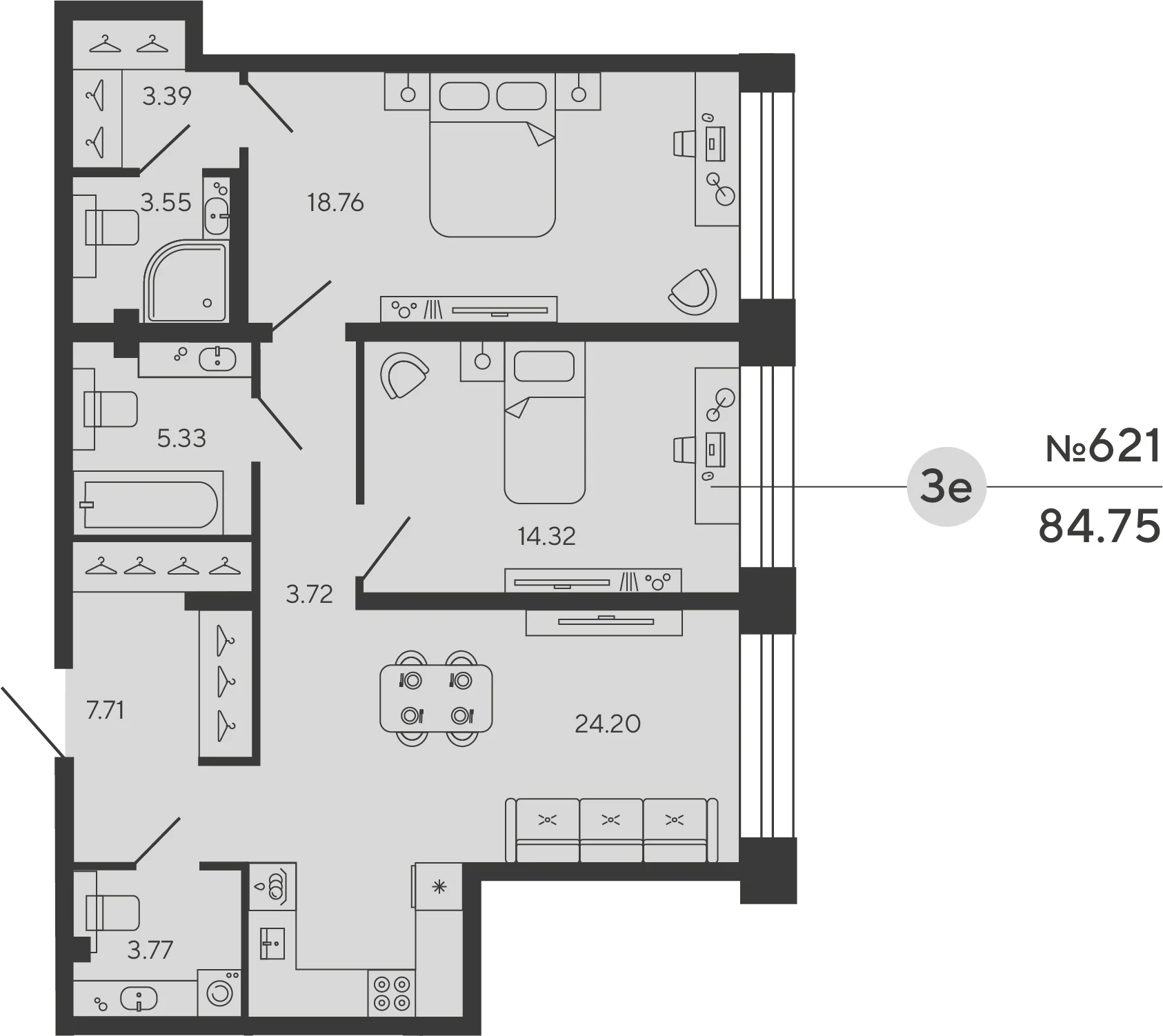 Планировка 2-комнатная 84,8 м² в ЖК «Башни Элемент» — «Башни Элемент»