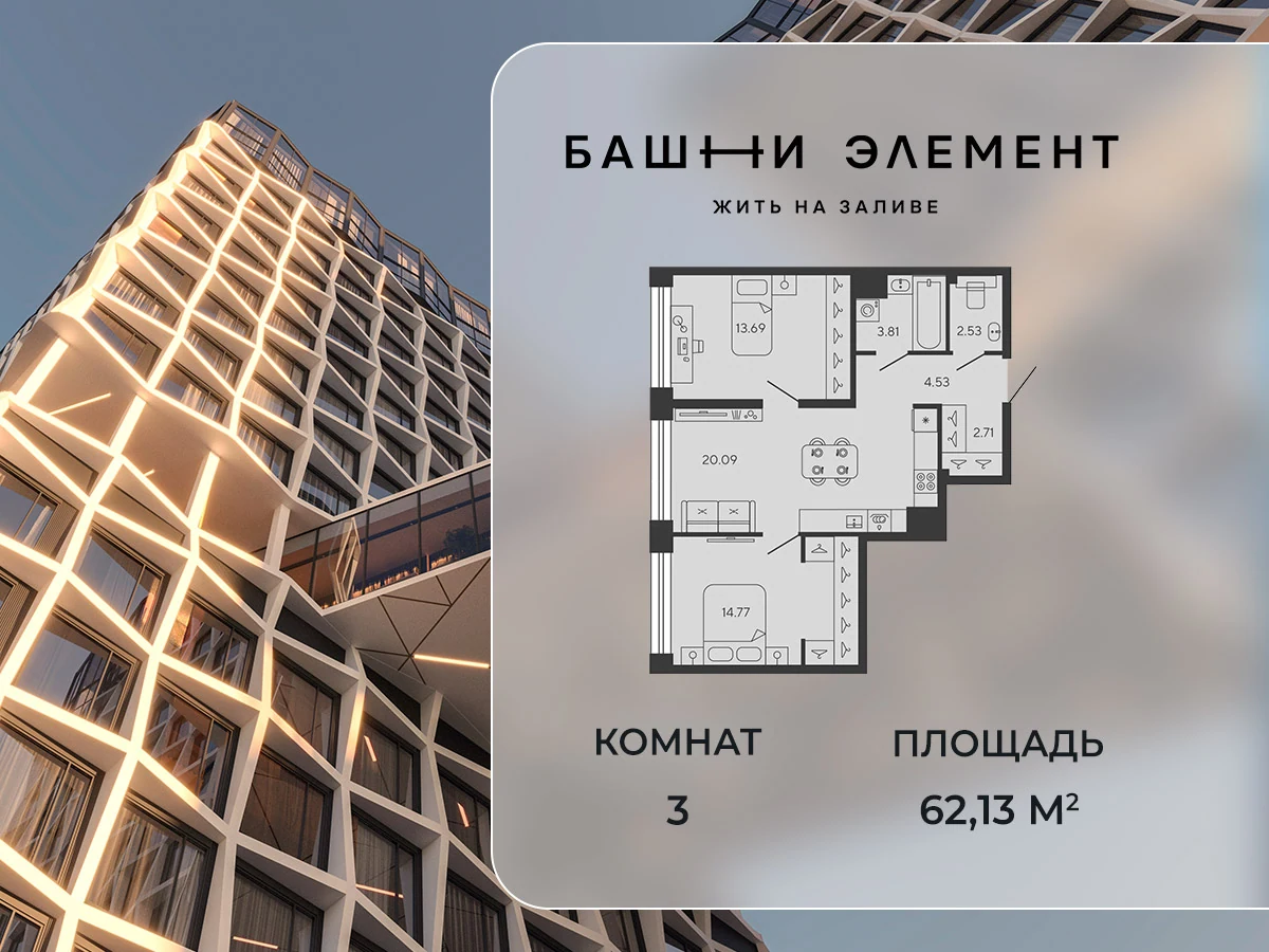 Планировка 2-комнатная 62,1 м² в ЖК «Башни Элемент» — «Башни Элемент»