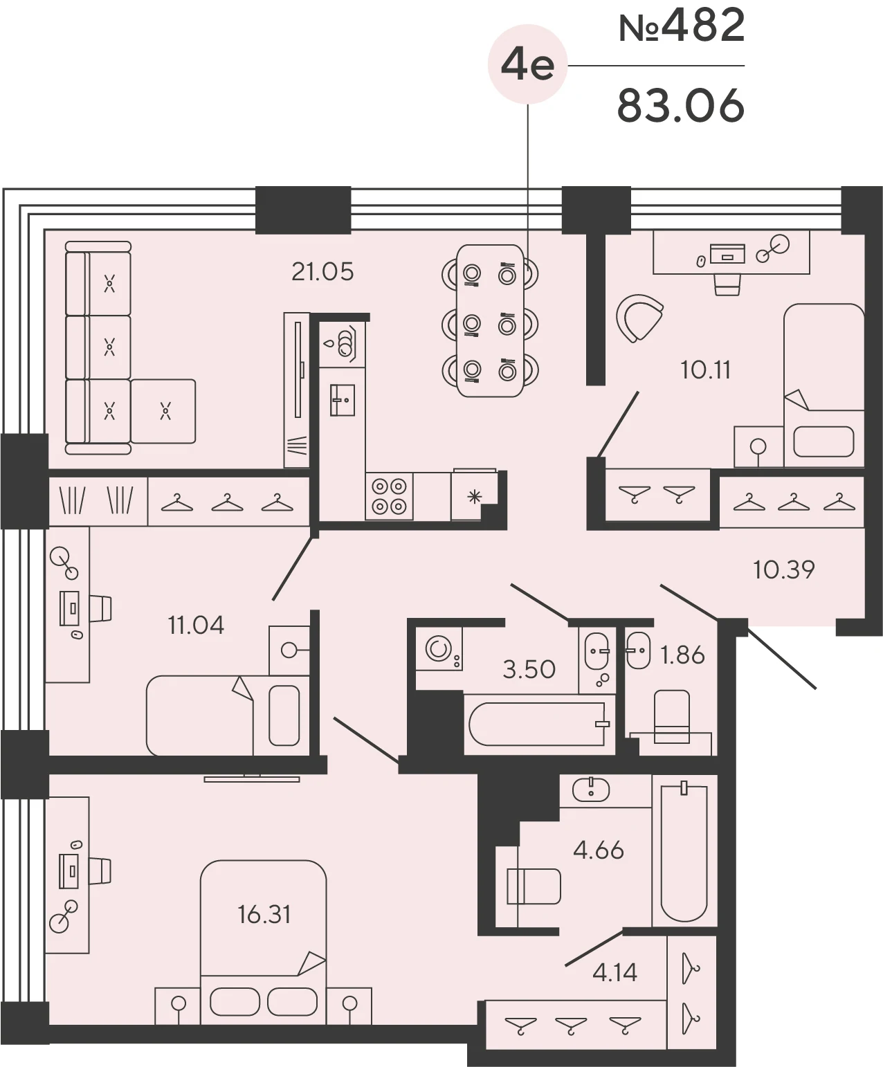 Планировка 3-комнатная 83,1 м² в ЖК «Башни Элемент» — «Башни Элемент»