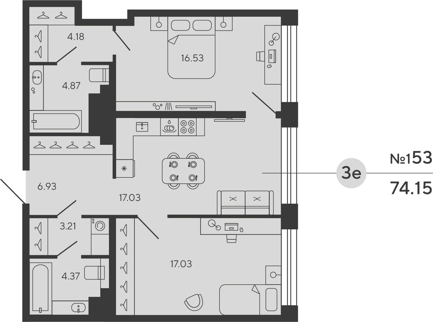 Планировка 2-комнатная 74,2 м² в ЖК «Башни Элемент» — «Башни Элемент»