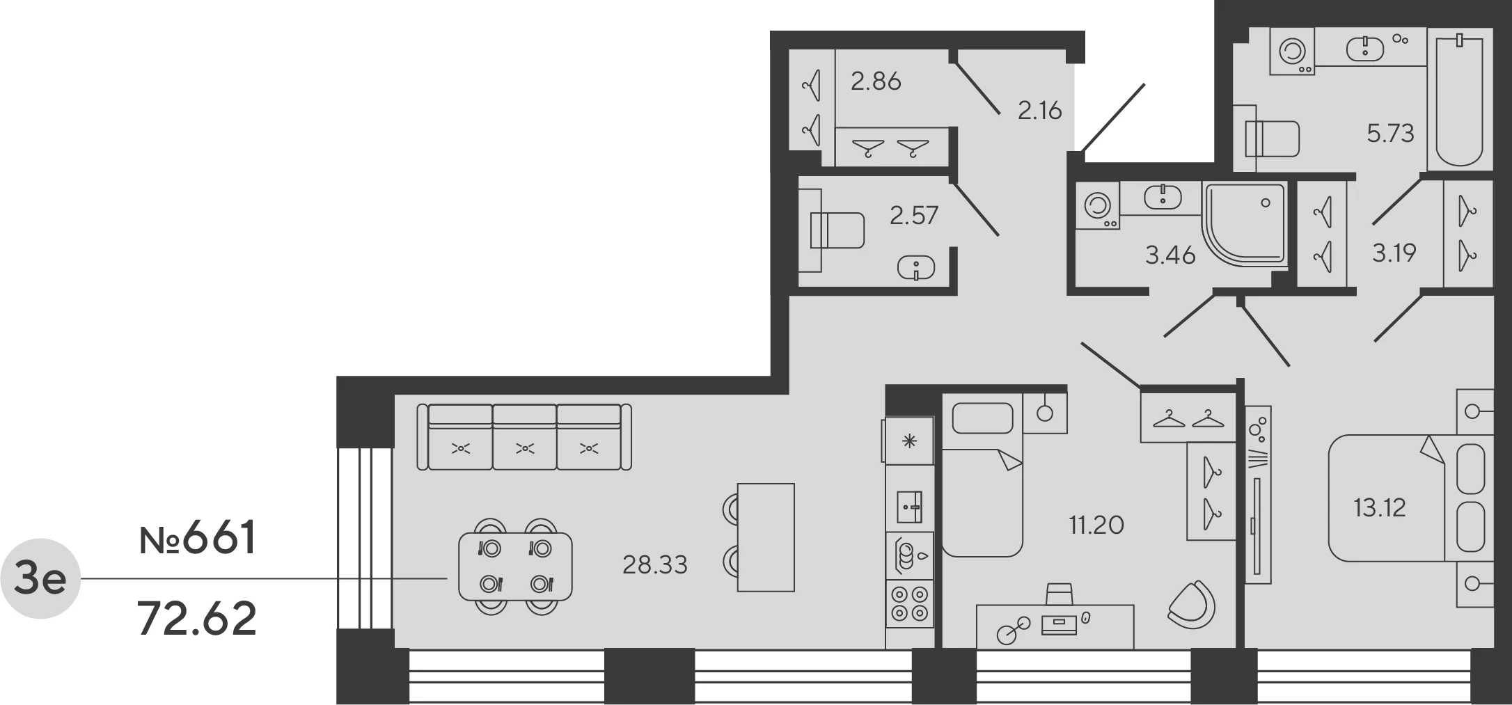 Планировка 2-комнатная 72,6 м² в ЖК «Башни Элемент» — «Башни Элемент»