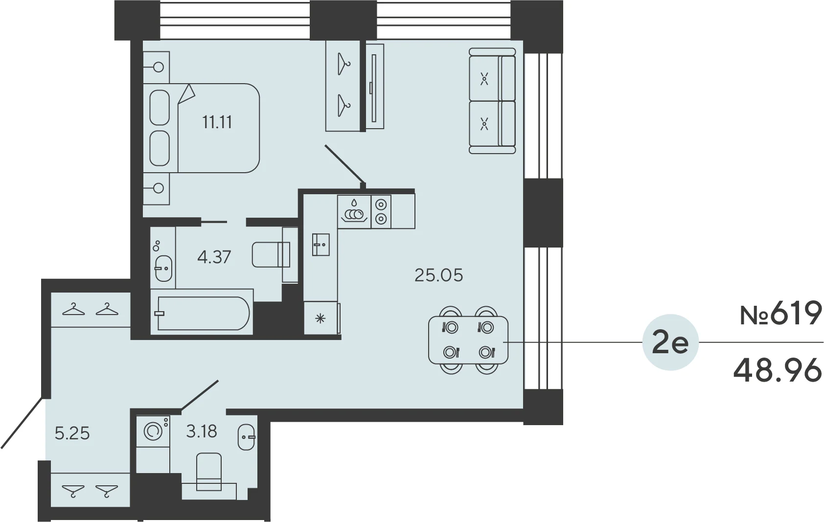 Планировка 1-комнатная 49 м² в ЖК «Башни Элемент» — «Башни Элемент»