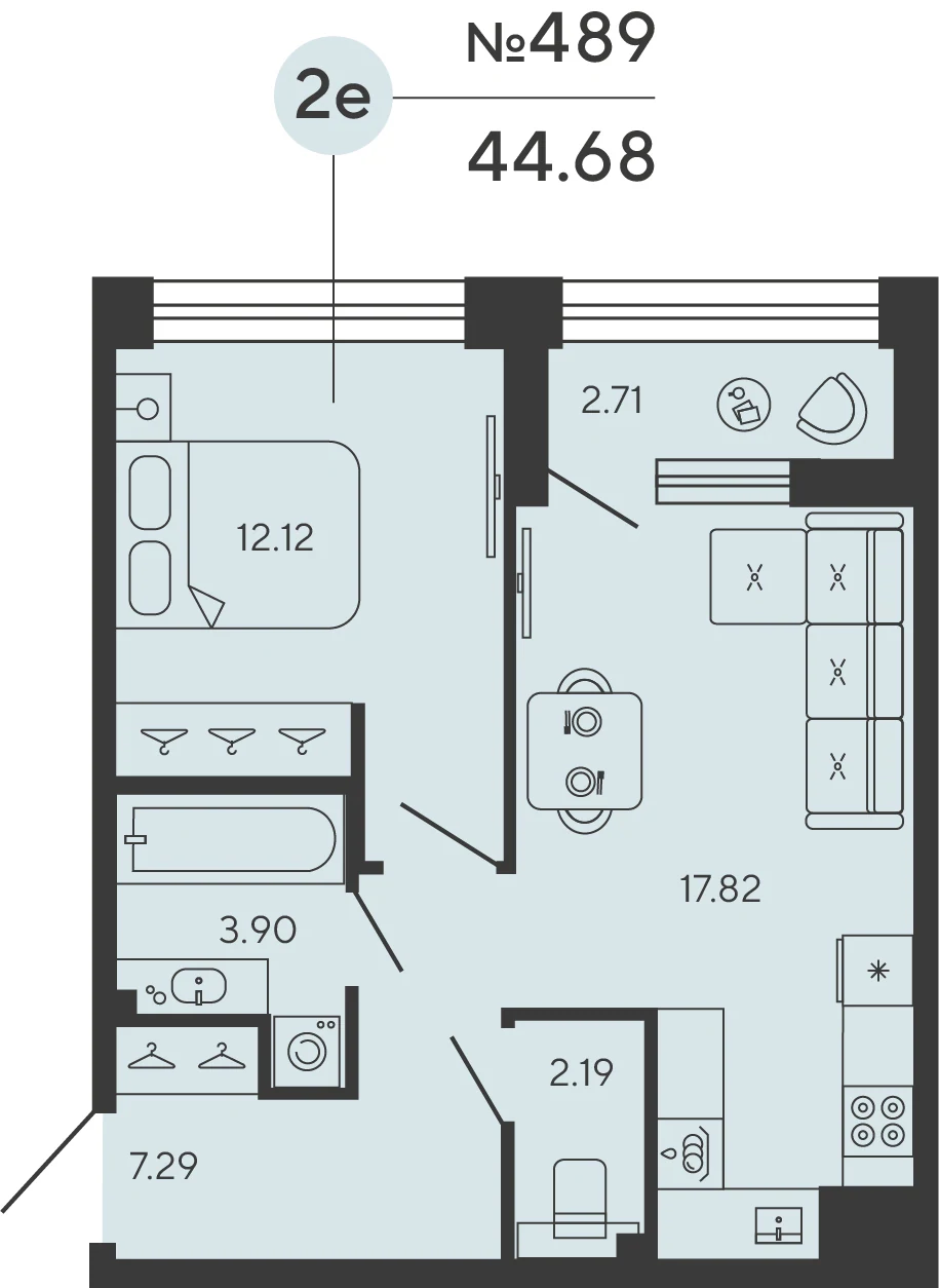 Планировка 1-комнатная 44,7 м² в ЖК «Башни Элемент» — «Башни Элемент»