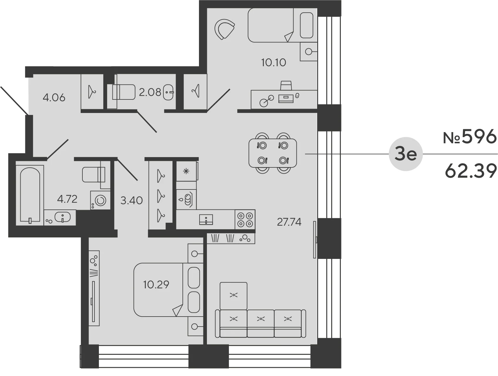 Планировка 2-комнатная 62,4 м² в ЖК «Башни Элемент» — «Башни Элемент»