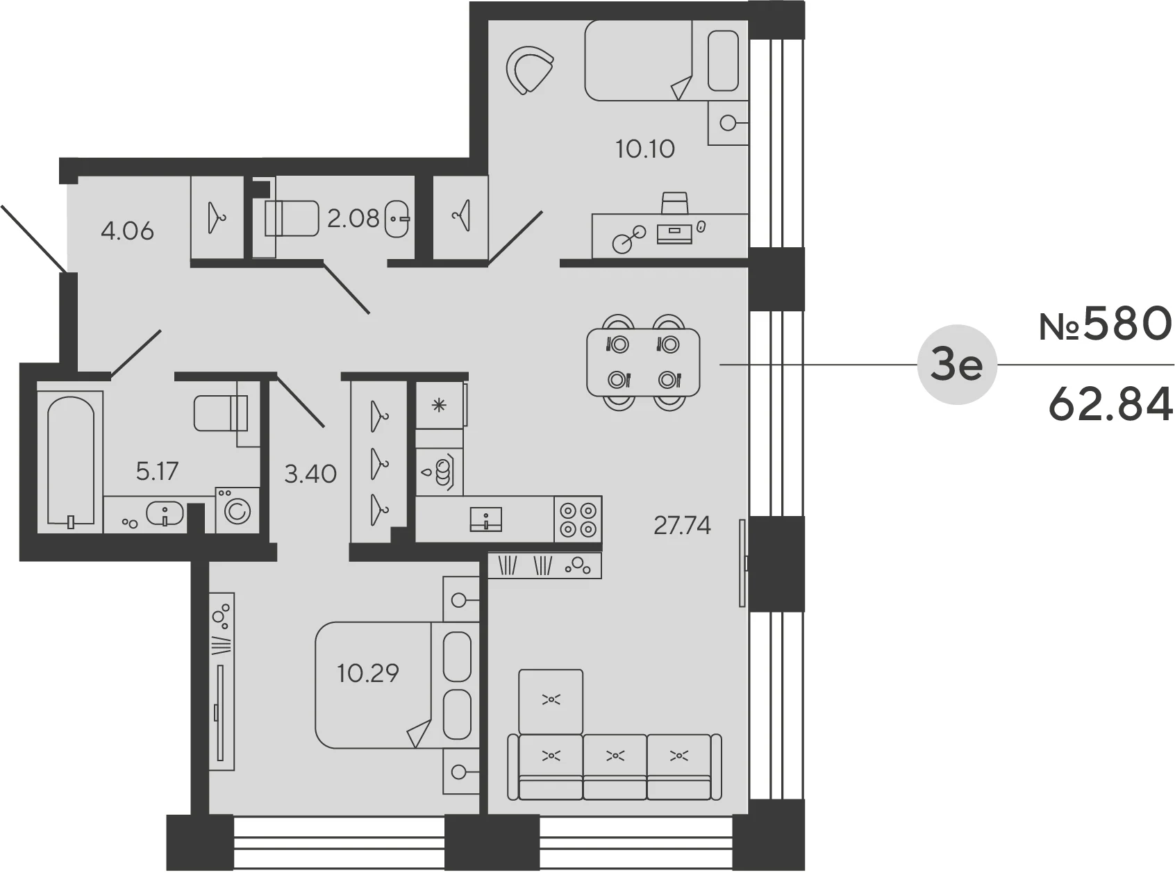 Планировка 2-комнатная 62,8 м² в ЖК «Башни Элемент» — «Башни Элемент»