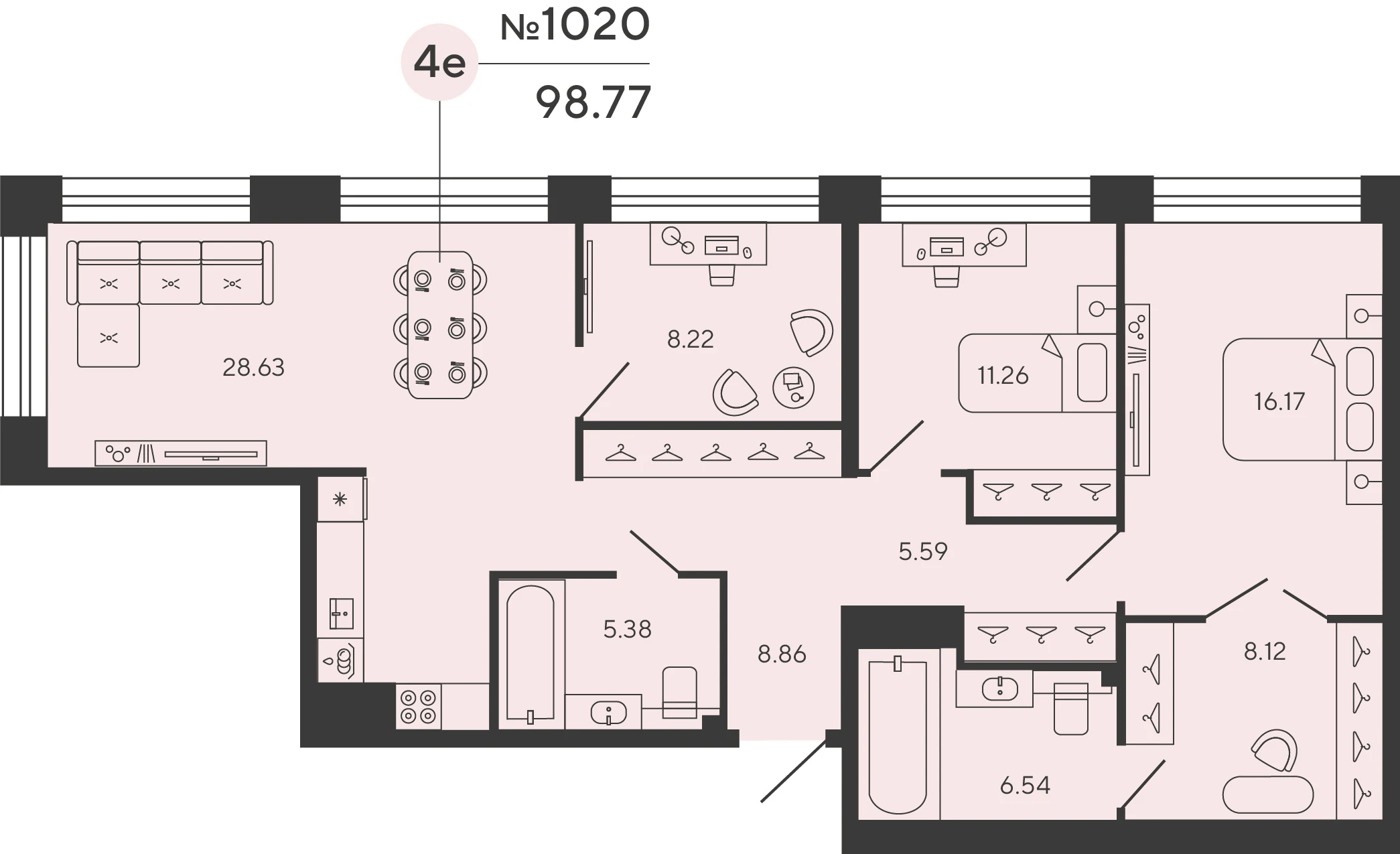 Планировка 3-комнатная 98,8 м² в ЖК «Башни Элемент» — «Башни Элемент»