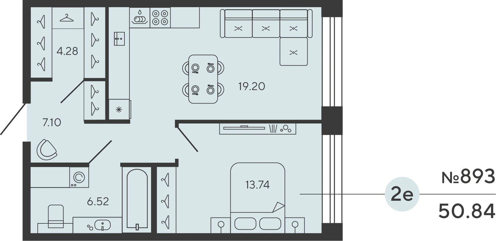 Планировка 1-комнатная 50,8 м² в ЖК «Башни Элемент» — «Башни Элемент»