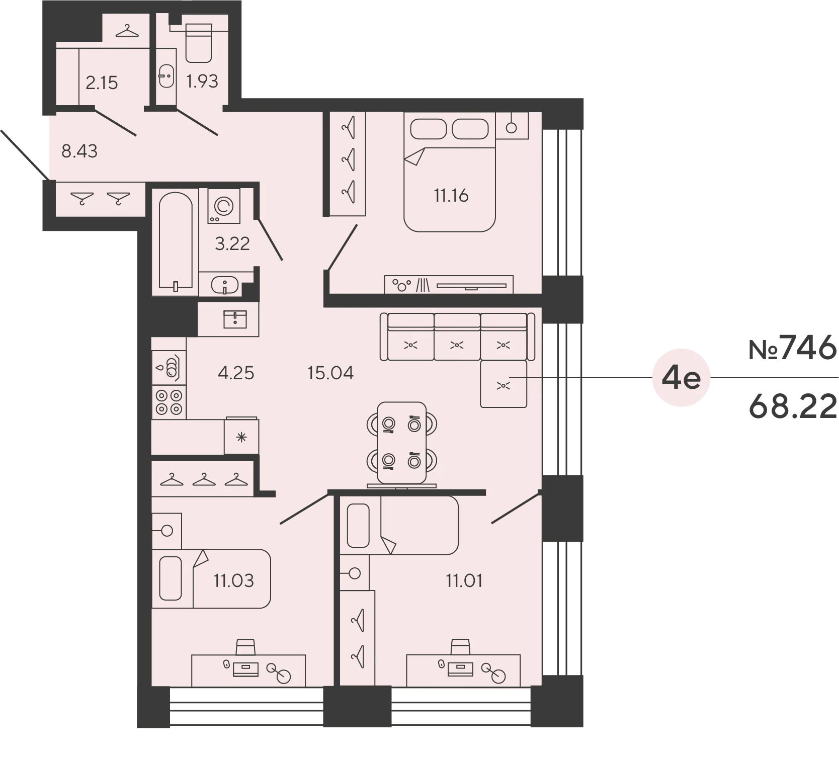 Планировка 3-комнатная 68,2 м² в ЖК «Башни Элемент» — «Башни Элемент»
