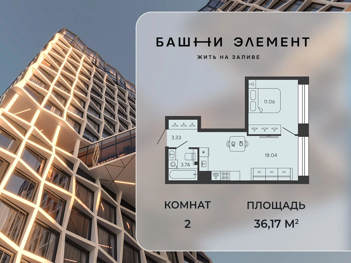 Планировка 1-комнатная 36,2 м² в ЖК «Башни Элемент» — «Башни Элемент»