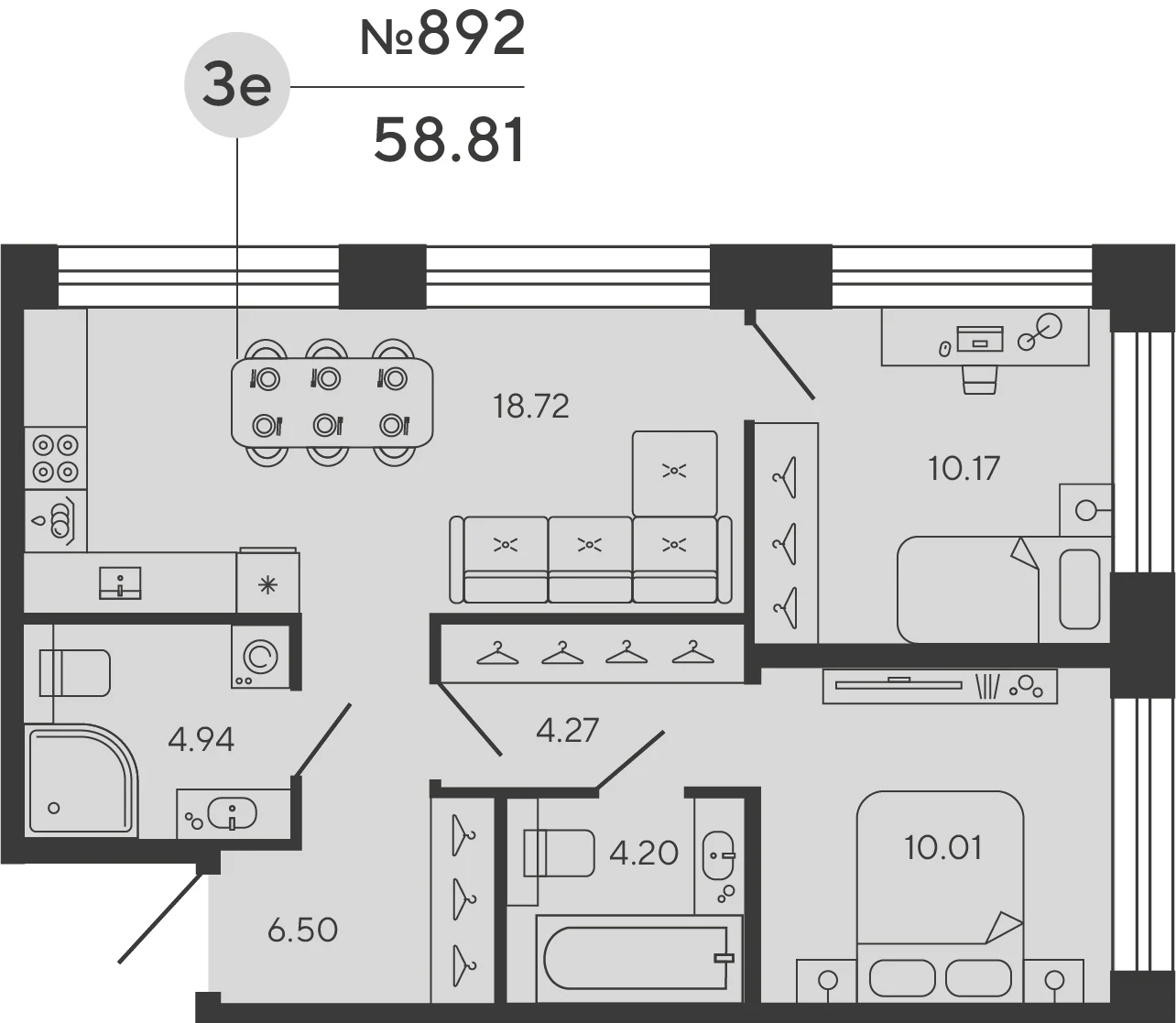 Планировка 2-комнатная 58,8 м² в ЖК «Башни Элемент» — «Башни Элемент»