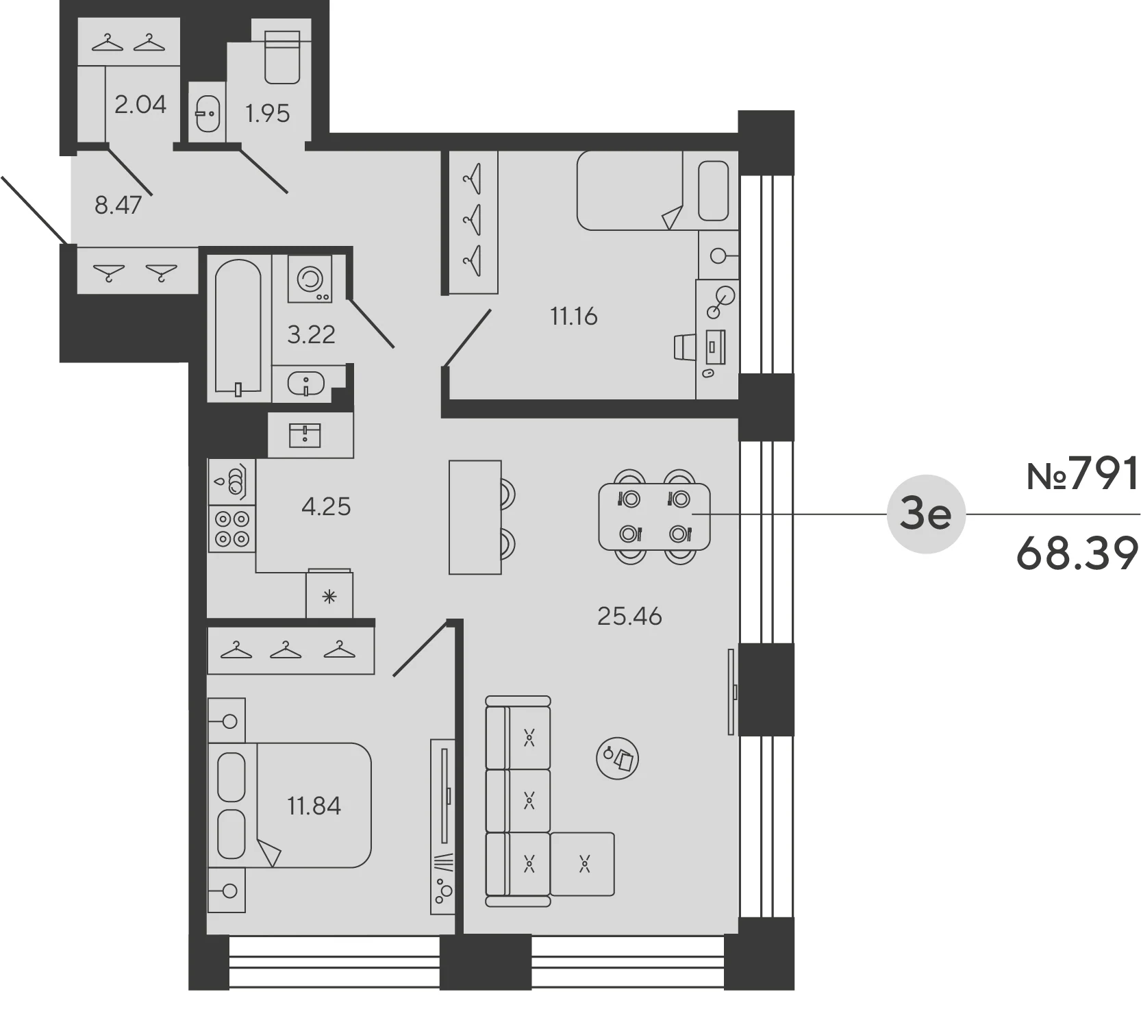 Планировка 2-комнатная 68,4 м² в ЖК «Башни Элемент» — «Башни Элемент»