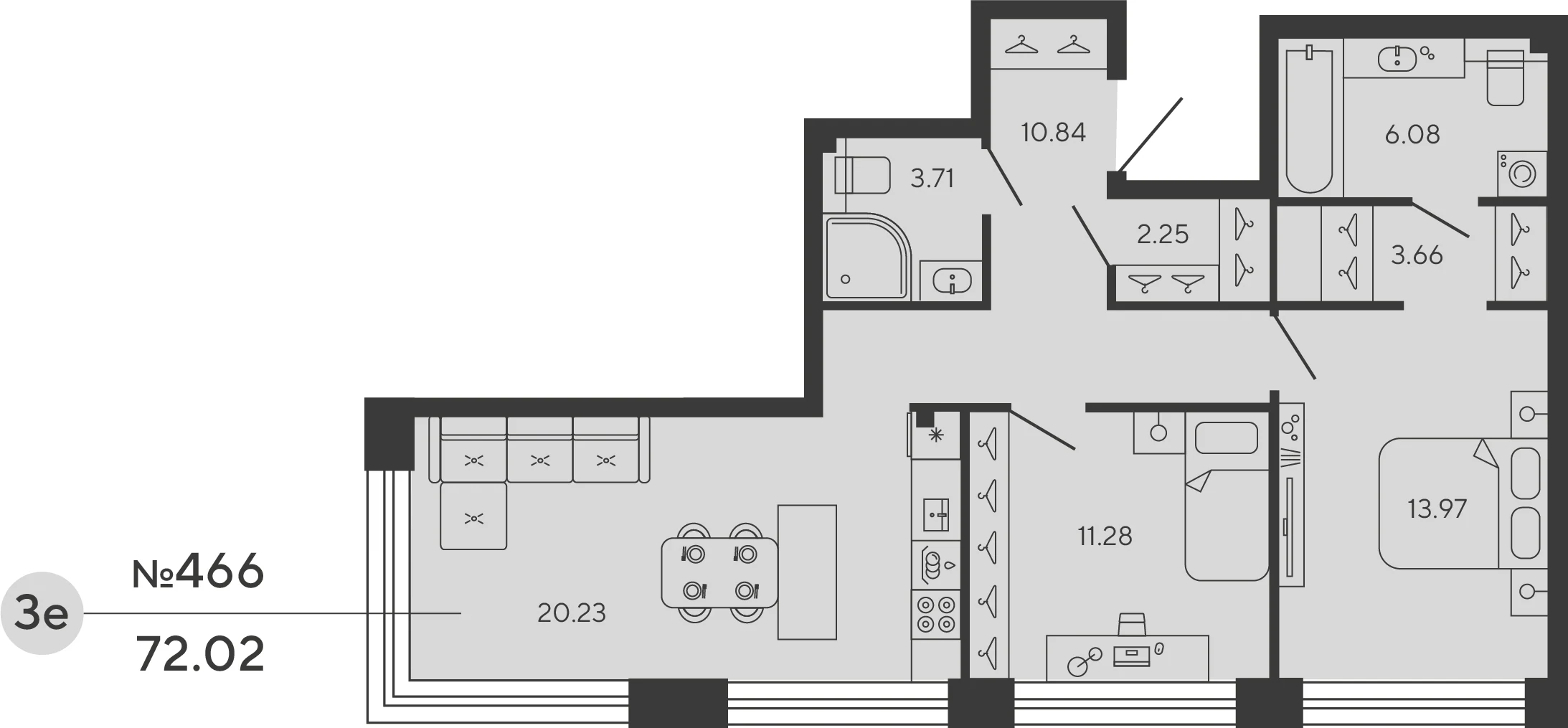 Планировка 2-комнатная 72 м² в ЖК «Башни Элемент» — «Башни Элемент»