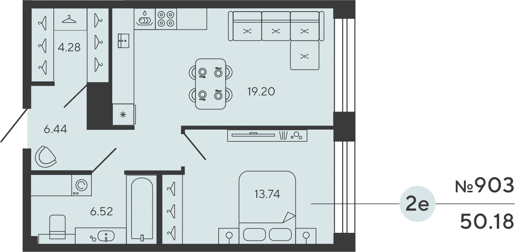 Планировка 1-комнатная 50,2 м² в ЖК «Башни Элемент» — «Башни Элемент»