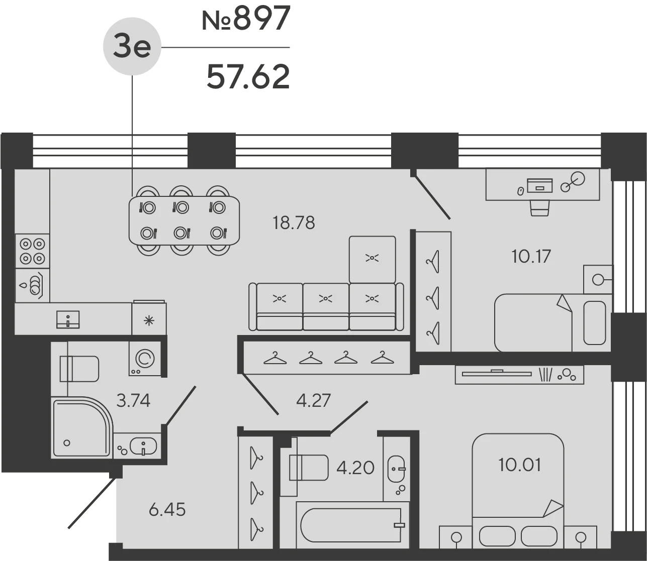 Планировка 2-комнатная 57,5 м² в ЖК «Башни Элемент» — «Башни Элемент»