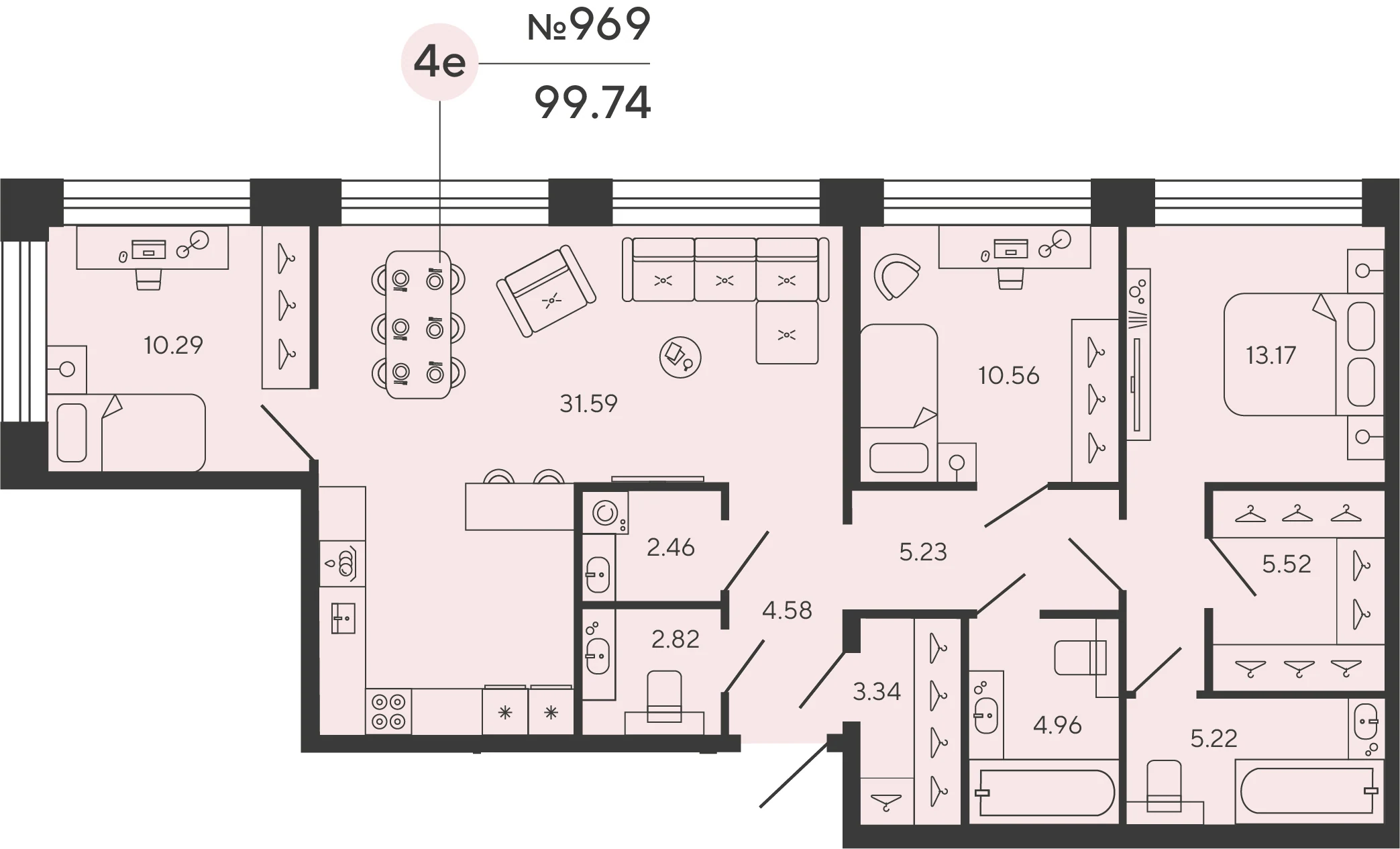 Планировка 3-комнатная 99,7 м² в ЖК «Башни Элемент» — «Башни Элемент»