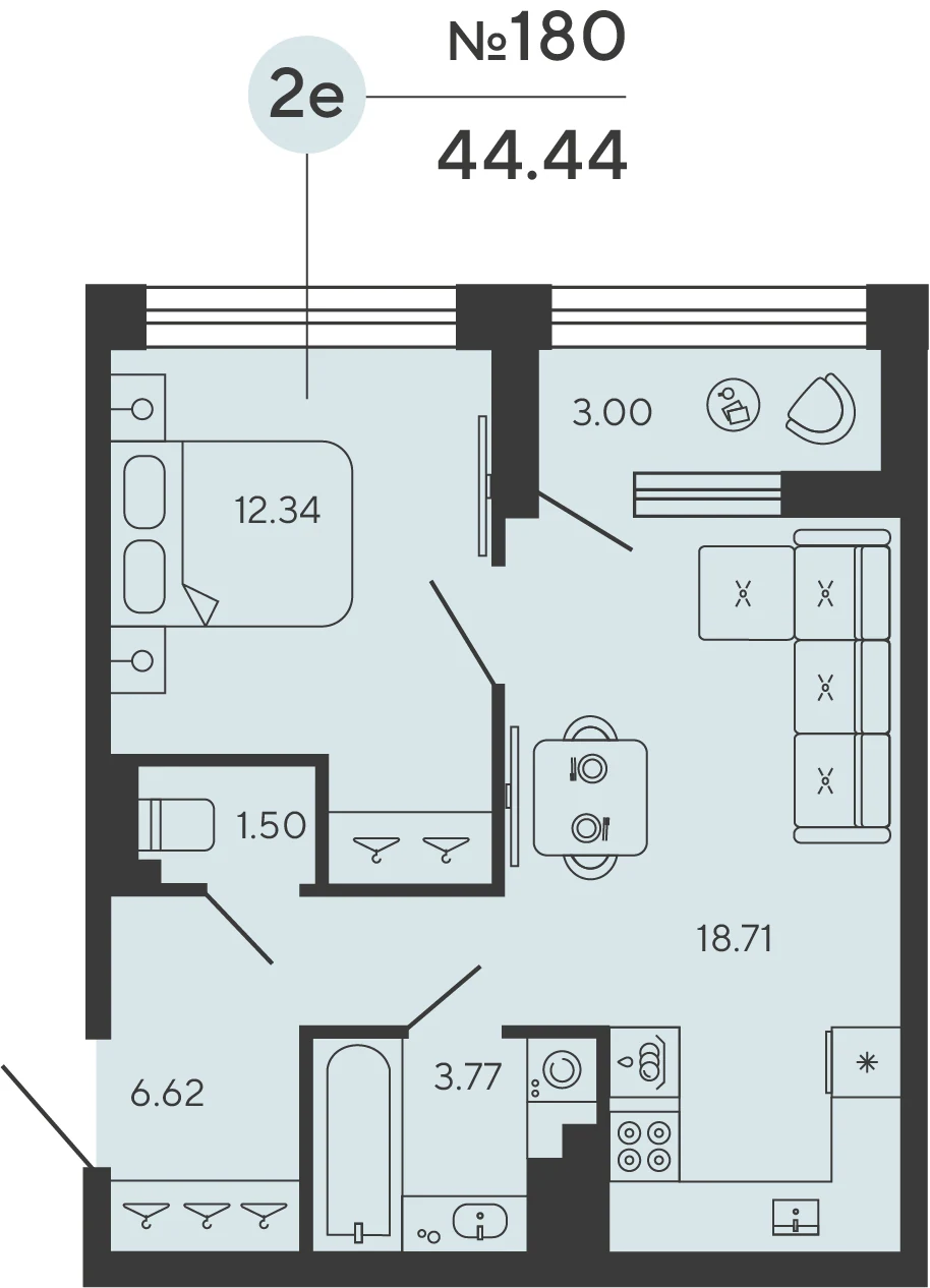 Планировка 1-комнатная 44,4 м² в ЖК «Башни Элемент» — «Башни Элемент»