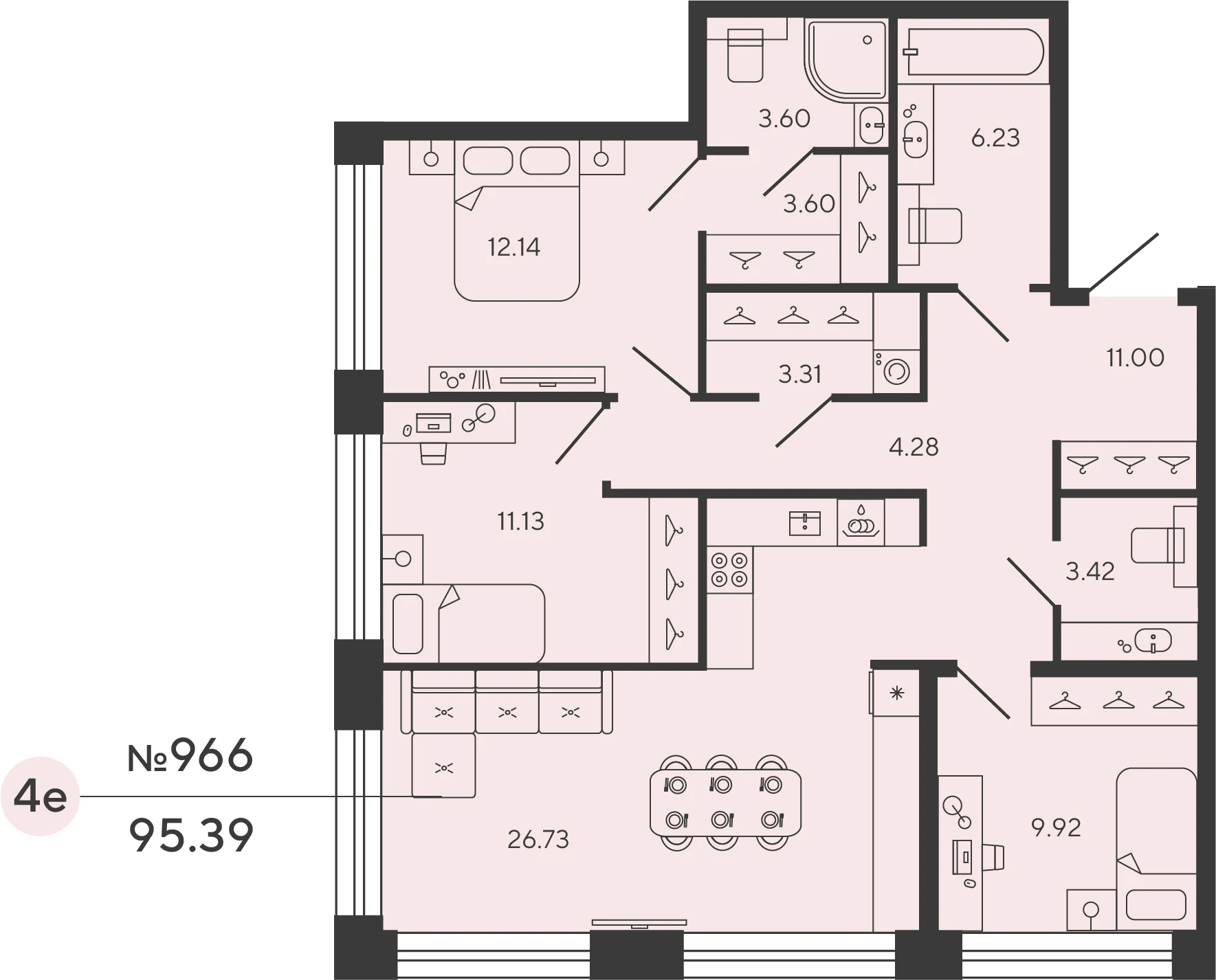 Планировка 3-комнатная 95,4 м² в ЖК «Башни Элемент» — «Башни Элемент»