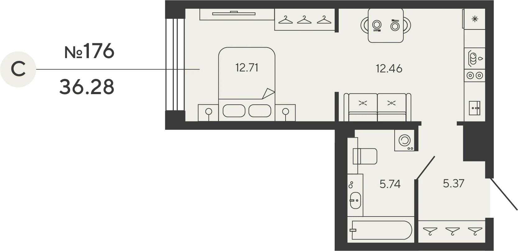 Планировка студия 36,3 м² в ЖК «Башни Элемент» — «Башни Элемент»