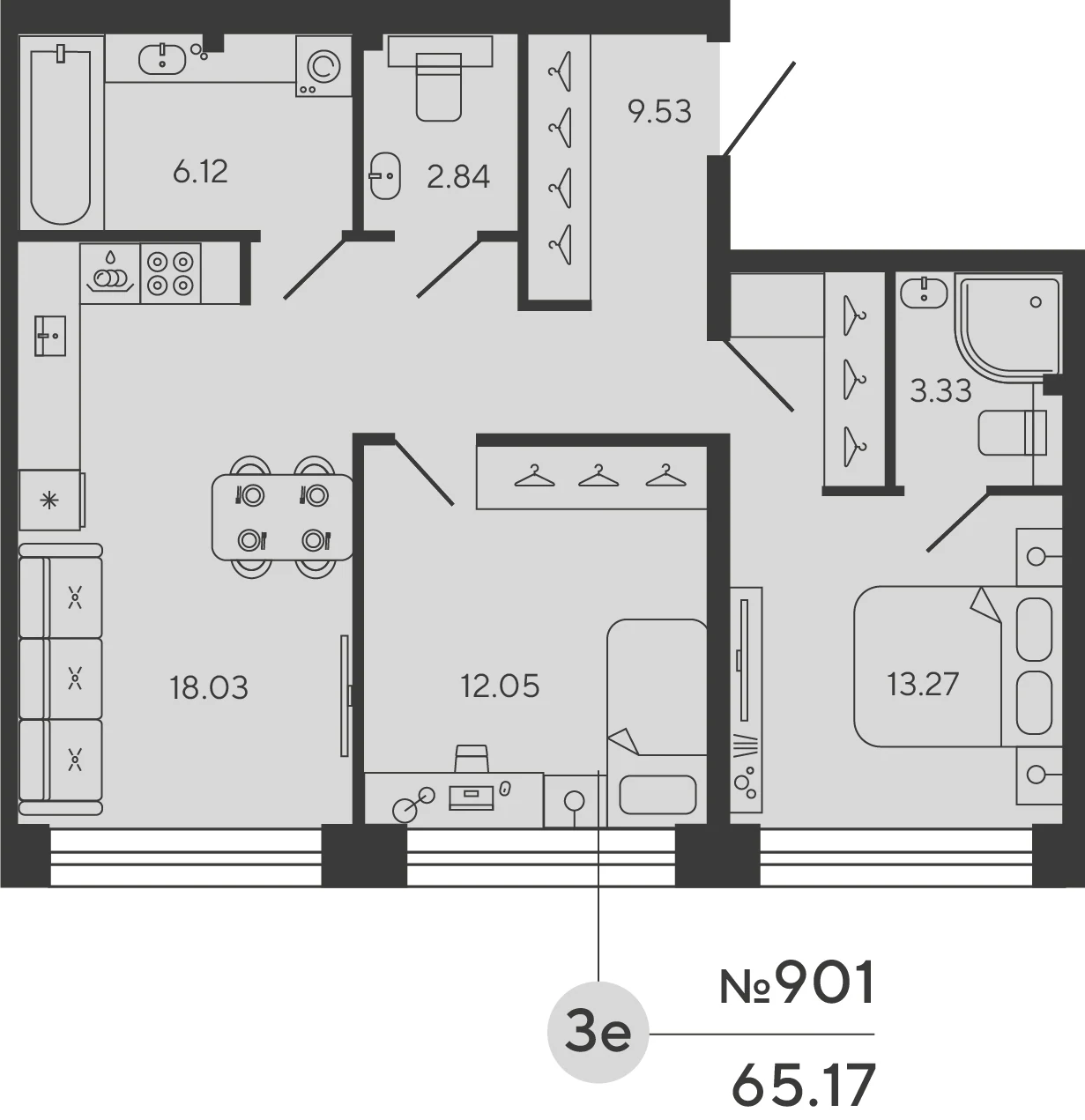 Планировка 2-комнатная 65,2 м² в ЖК «Башни Элемент» — «Башни Элемент»