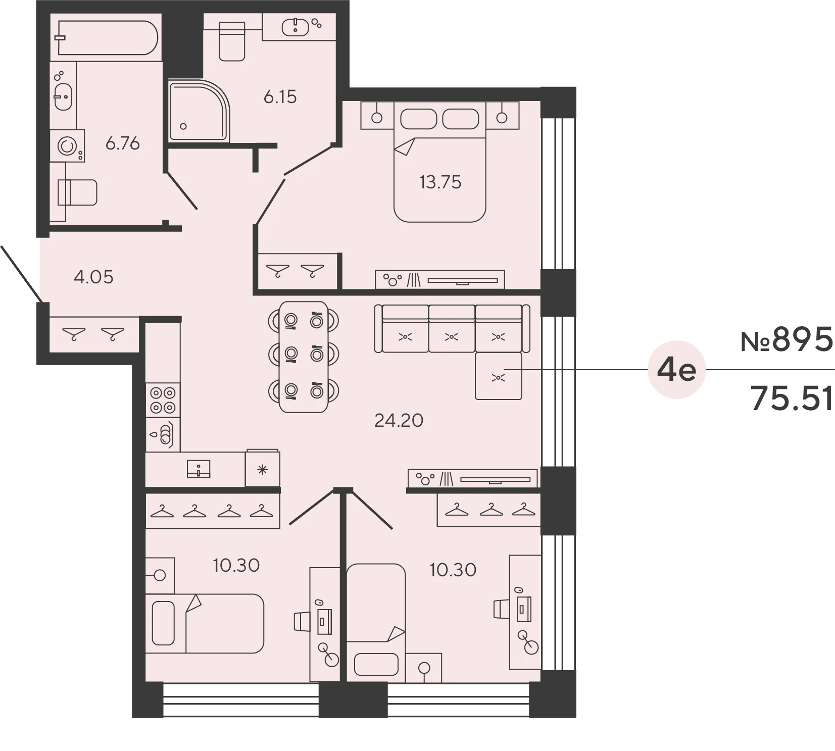 Планировка 3-комнатная 75,5 м² в ЖК «Башни Элемент» — «Башни Элемент»