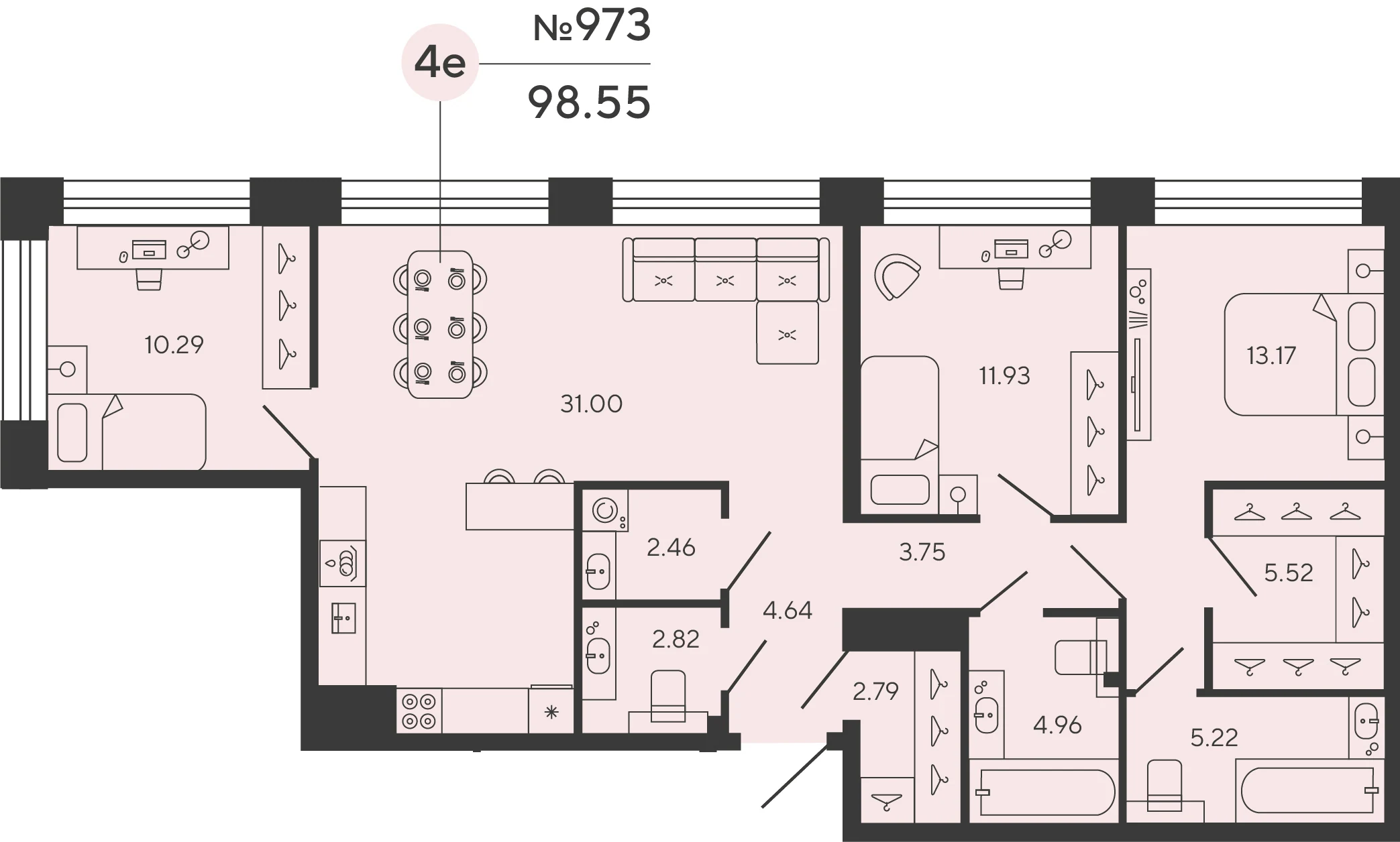Планировка 3-комнатная 98,5 м² в ЖК «Башни Элемент» — «Башни Элемент»