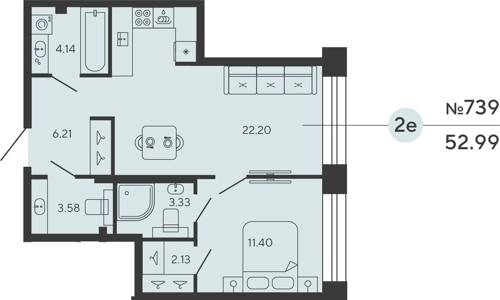 Планировка 1-комнатная 53 м² в ЖК «Башни Элемент» — «Башни Элемент»