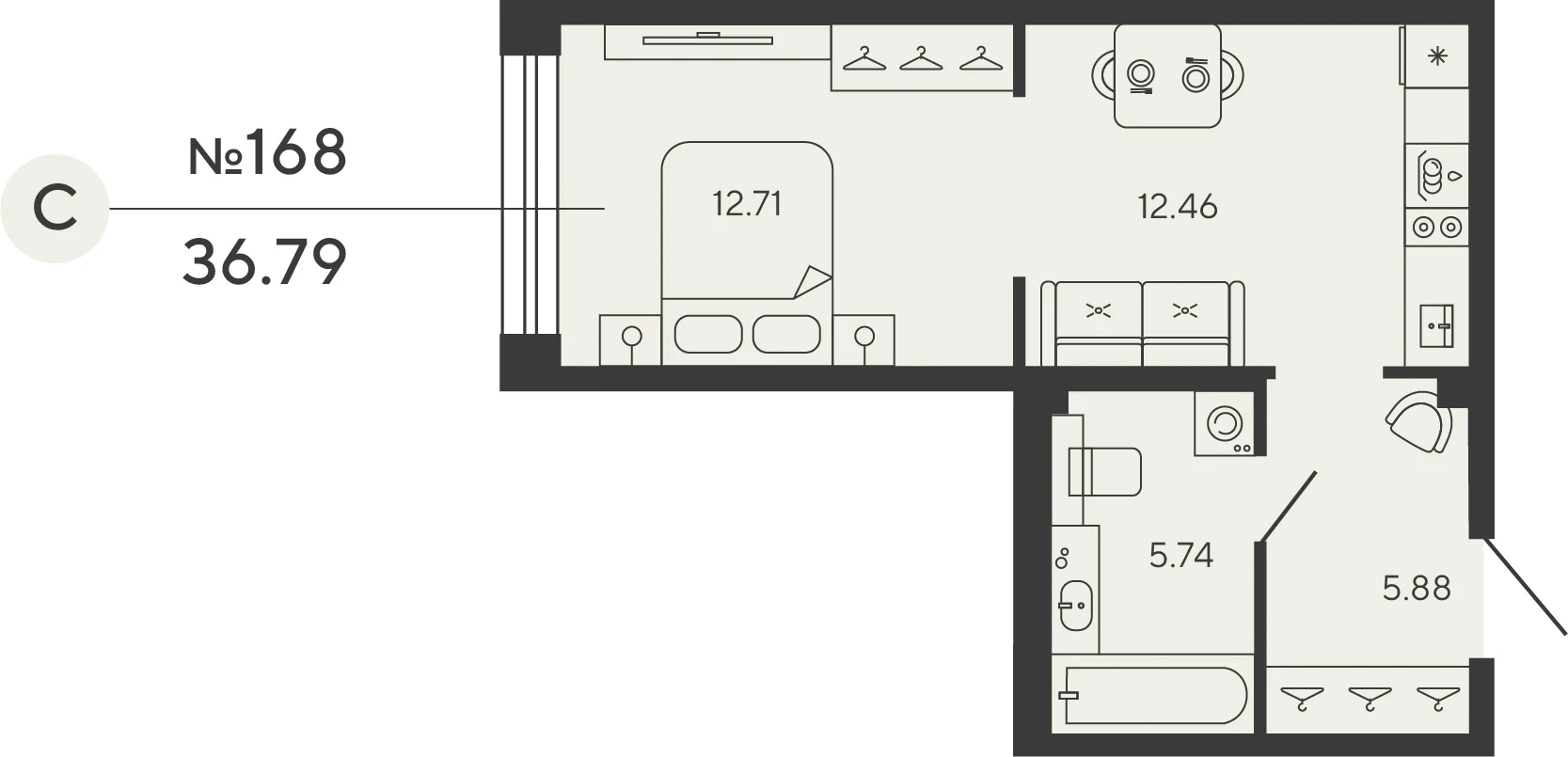Планировка студия 36,8 м² в ЖК «Башни Элемент» — «Башни Элемент»