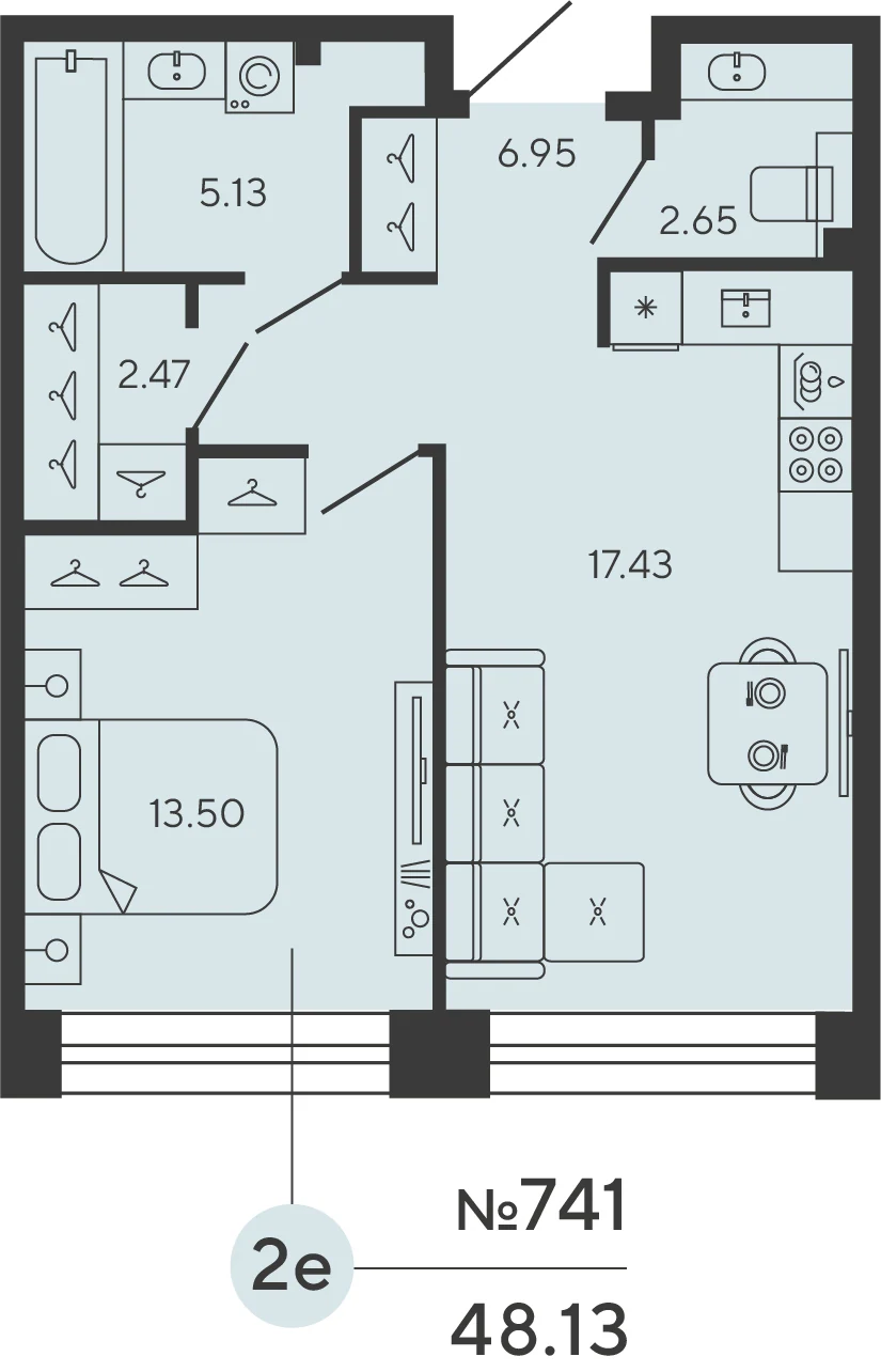 Планировка 1-комнатная 48,1 м² в ЖК «Башни Элемент» — «Башни Элемент»