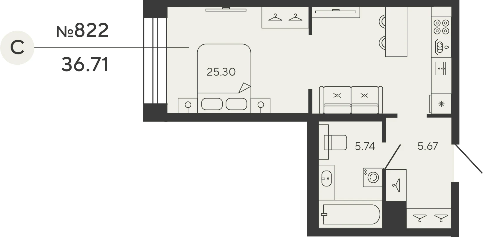 Планировка студия 36,6 м² в ЖК «Башни Элемент» — «Башни Элемент»