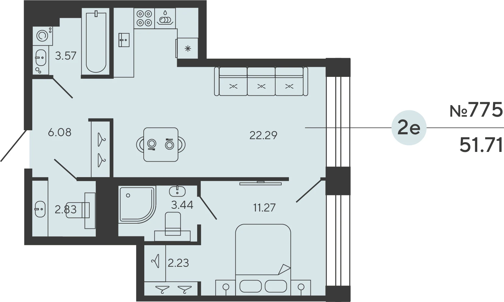 Планировка 1-комнатная 51,7 м² в ЖК «Башни Элемент» — «Башни Элемент»