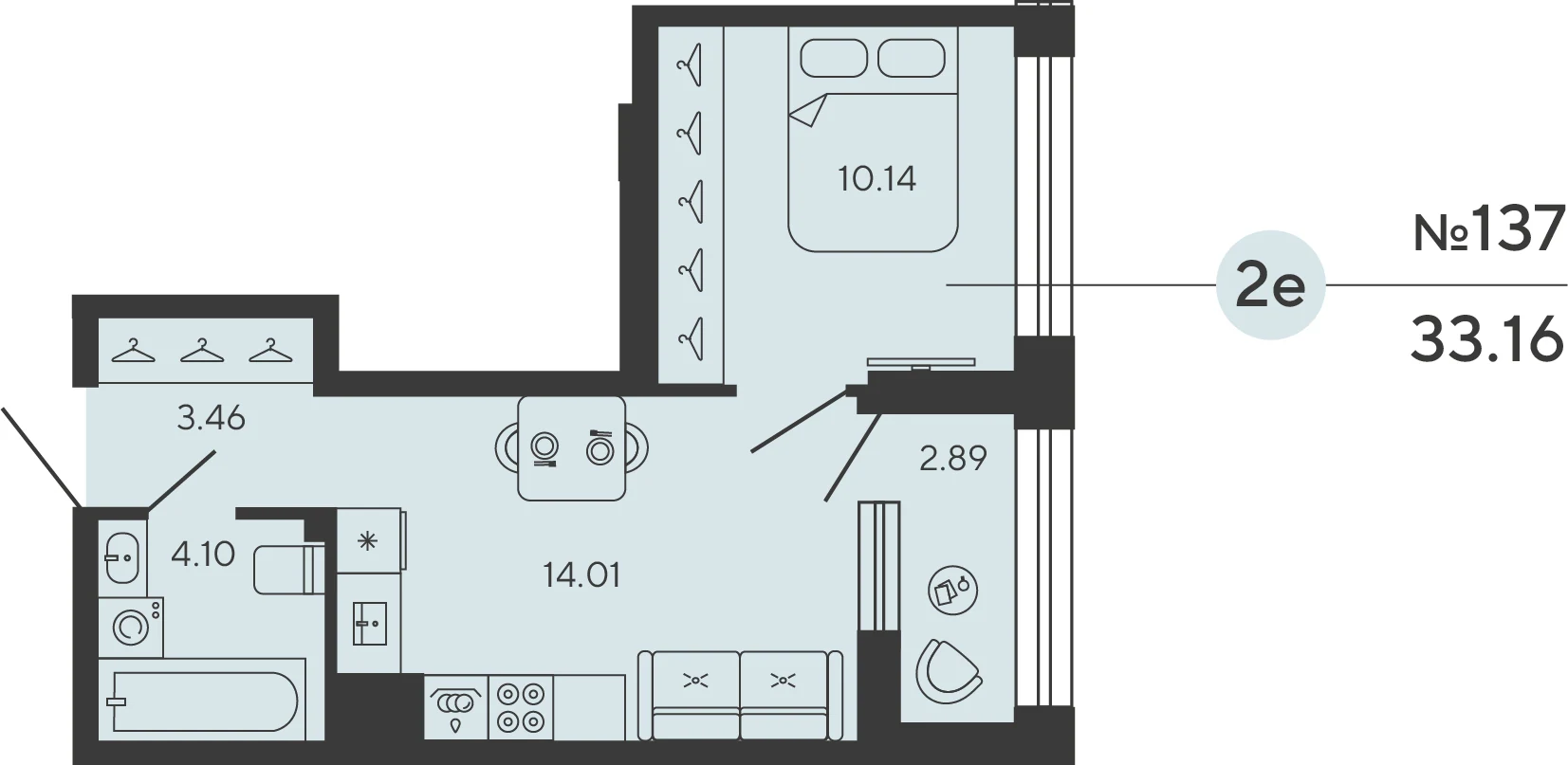 Планировка 1-комнатная 33,2 м² в ЖК «Башни Элемент» — «Башни Элемент»