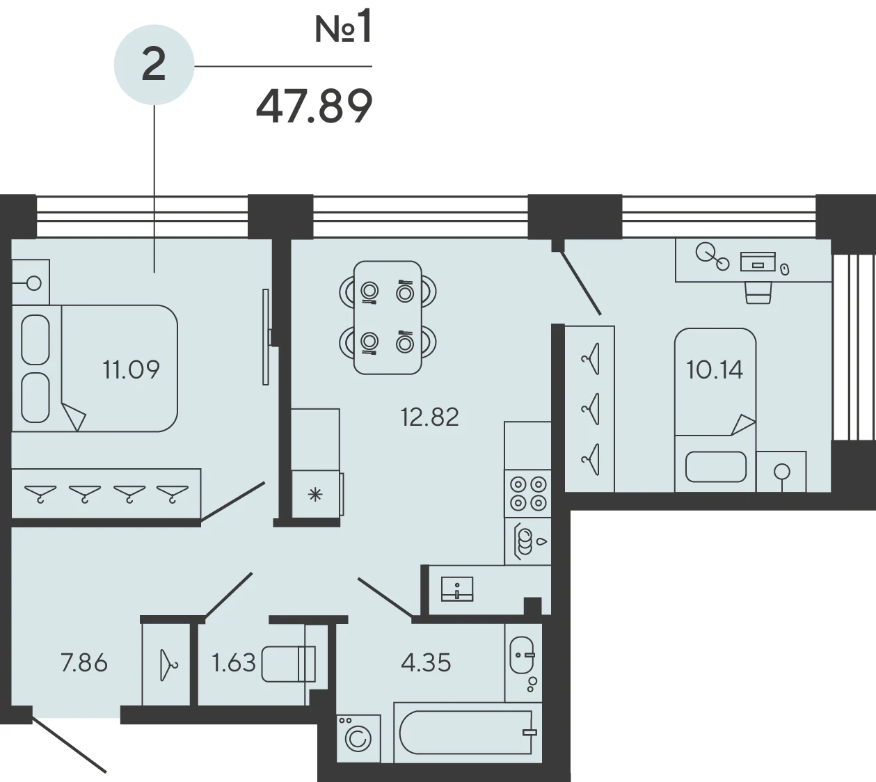Планировка 2-комнатная 47,9 м² в ЖК «Башни Элемент» — «Башни Элемент»